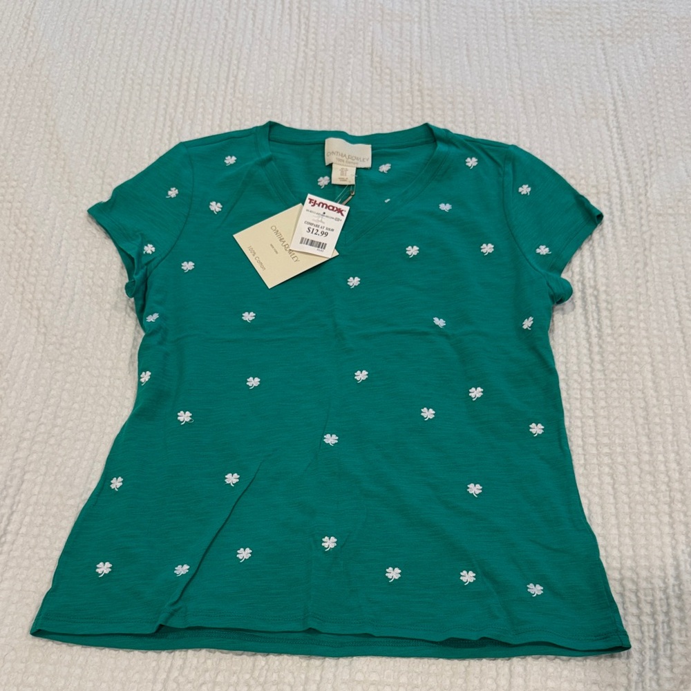Cynthia Rowley Shamrock Green and White Short Sleeve Top